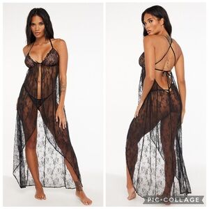 Savage X Fenty Nymph Nouveau Lace Maxi Slip Chemise Black Caviar S NWT